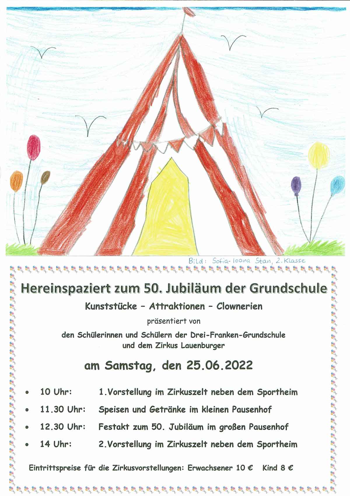 Einladung zum Zirkus und 50-jährigen Jubiläum der Drei-Franken-Grundschule Geiselwind