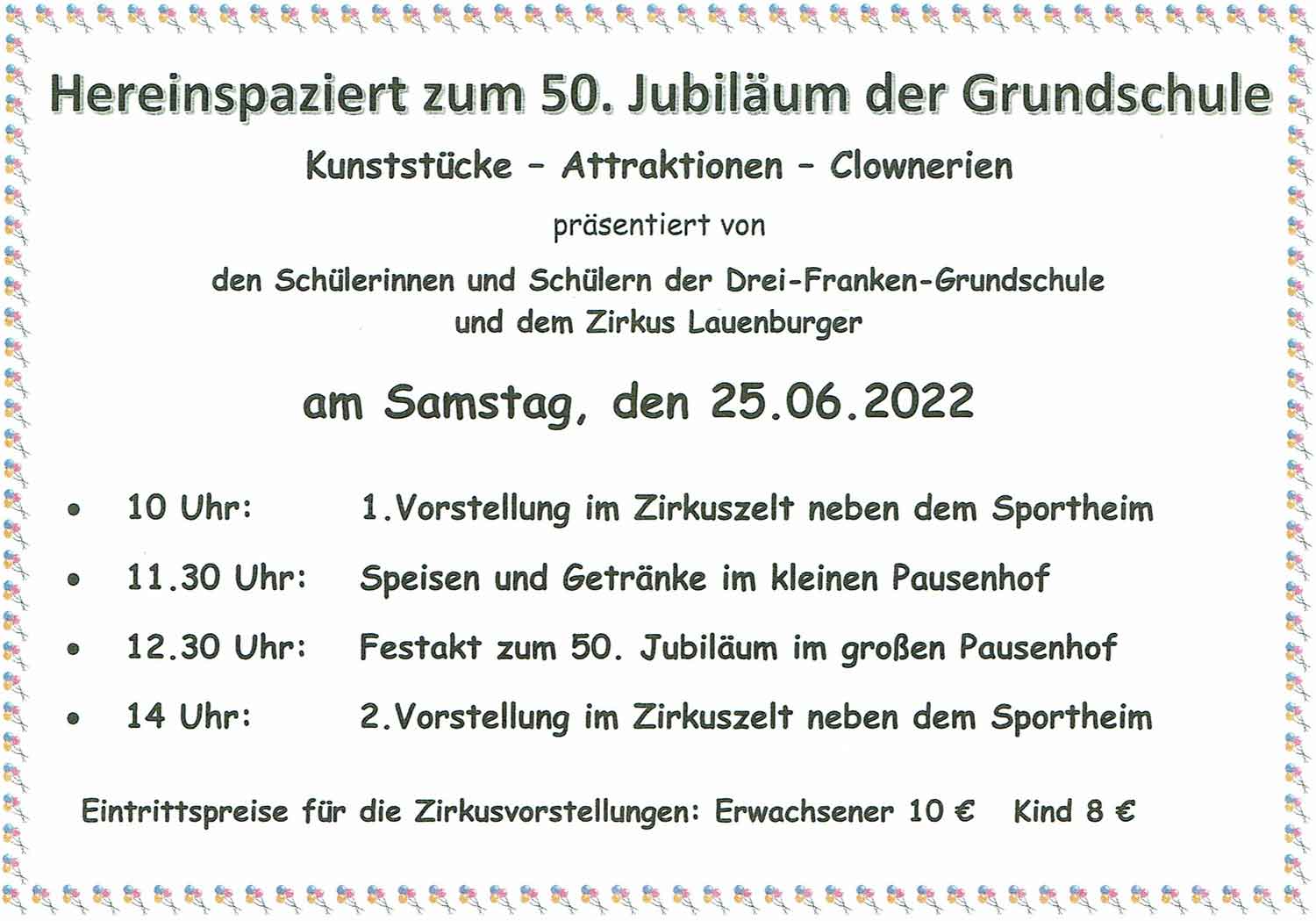 Einladung zum Zirkus und Jubiläum der Grundschule