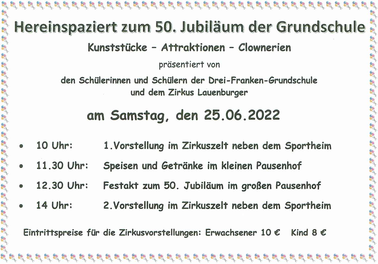 Einladung zum Zirkus und Jubiläum der Grundschule