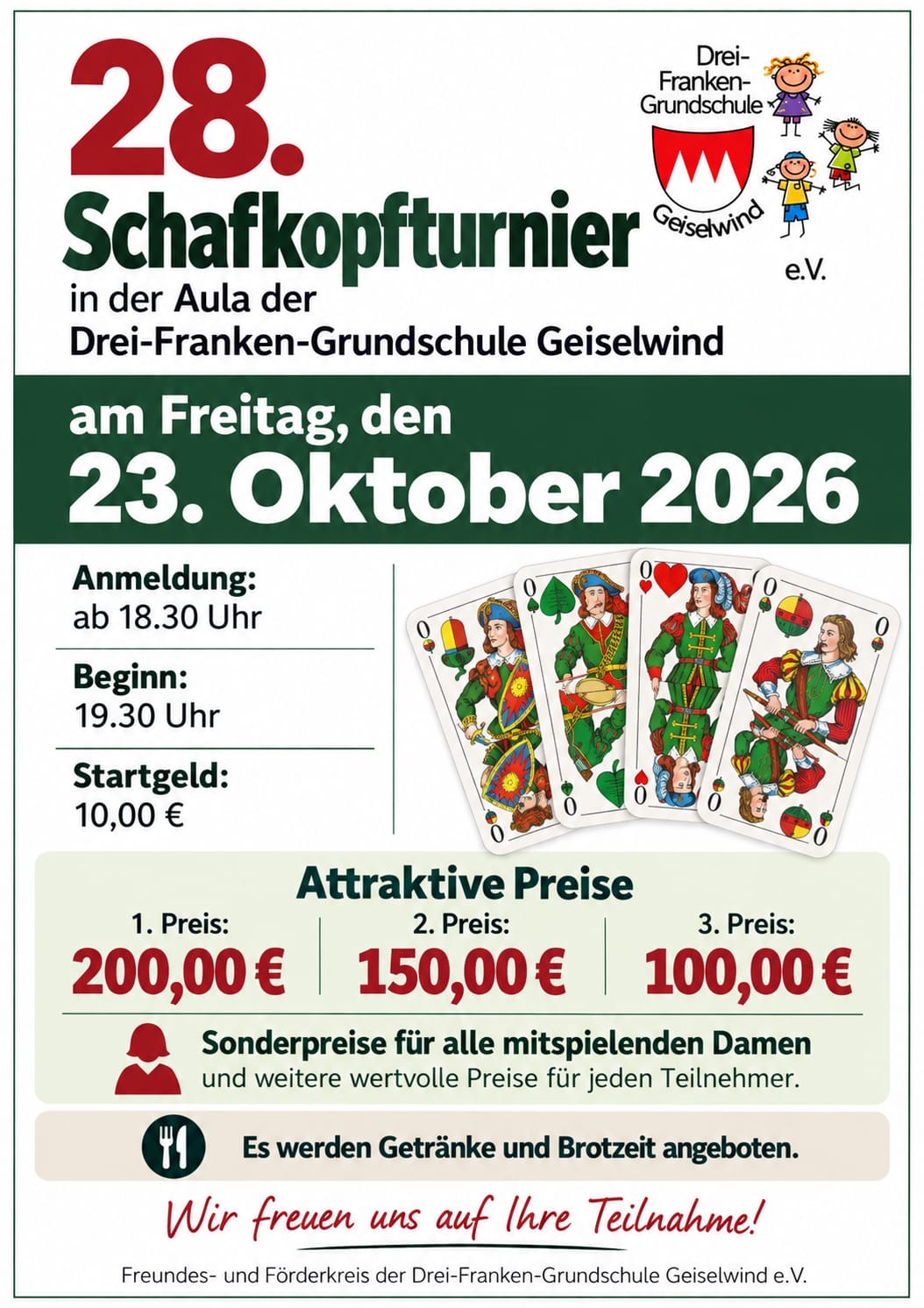 28. Schafkopfturnier am 23. Oktober 2026 in der Drei-Franken-Grundschule Geiselwind